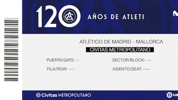 Entrada para el partido entre el Atlético y el Mallorca con el logo del 120 cumpleaños.