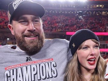 Taylor Swift celebrates with Travis Kelce of the Kansas City Chiefs after defeating the Buffalo Bills 32-29 in the AFC Championship Game.