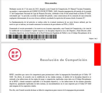 Resolución del Comité de Competición.