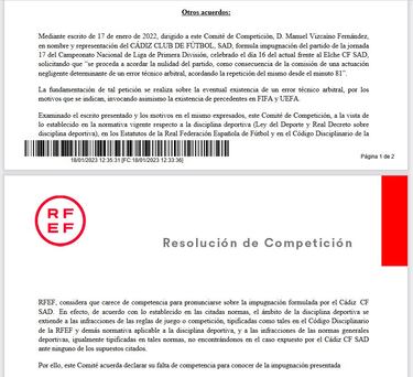 Competici¨®n se inhibe sobre la impugnaci¨®n del C¨¢diz del partido ante el Elche