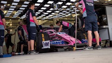 Racing Point F1 Team Canadian driver Lance Stroll waits in his car at the in-season test at the Sakhir circuit in the desert south of the Bahraini capital Manama, on April 3, 2019. (Photo by ANDREJ ISAKOVIC / AFP)