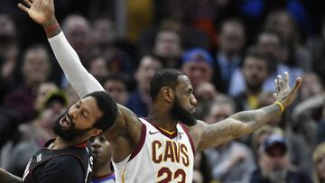 Jan 31, 2018; Cleveland, OH, USA; Miami Heat forward James Johnson (16) reacts beside Cleveland Cavaliers forward LeBron James (23) after he failed to get a last-second shot off in the fourth quarter at Quicken Loans Arena. Mandatory Credit: David Richard