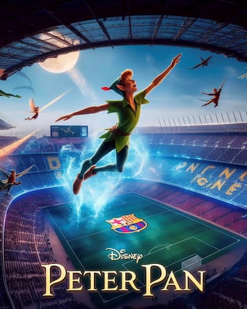 El niño perdido más famoso del cine vuela impregnado de polvos de hada junto a los otros protagonistas del film en el estadio del FC Barcelona.