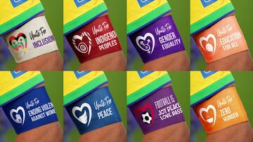 A combination mock-up picture shows the armbands that FIFA says team captains will be permitted to wear during the 2023 FIFA Women's World Cup, in this undated handout image released June 30, 2023. FIFA/Handout via R