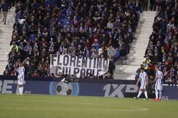 Fans hold up a banner reading "Florentino, you're to blame" during Real Madrid's Monday-night LaLiga clash with Leganés.