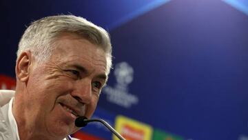 Real Madrid's Italian coach Carlo Ancelotti attends a press conference at Stamford Bridge in London on April 17, 2023 on the eve of their UEFA Champions League quarter-final second-leg football match against Chelsea. (Photo by ADRIAN DENNIS / AFP) (Photo by ADRIAN DENNIS/AFP via Getty Images)