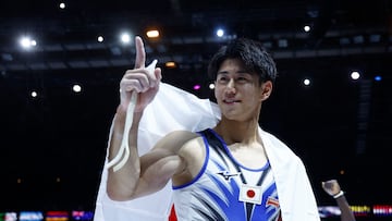 Winner Japan's Daiki Hashimoto poses after competing in the Men's Individual All-Around Final during the 52nd FIG Artistic Gymnastics World Championships, in Antwerp, northern Belgium, on October 5, 2023. (Photo by KENZO TRIBOUILLARD / AFP)