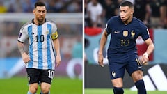 (COMBO) This combination of file photos created on December 16, 2022, shows Argentina's forward #10 Lionel Messi (L) in Al-Rayyan, west of Doha on December 3, 2022; and France's forward #10 Kylian Mbappe in Al-Rayyan, west of Doha on November 30, 2022. - Argentina will play France in the Qatar 2022 World Cup football final match in Doha on December 18, 2022. (Photo by Odd ANDERSEN and Jewel SAMAD / AFP)