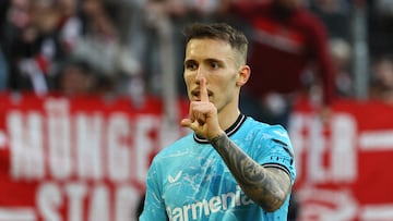 Soccer Football - Bundesliga - FC Cologne v Bayer Leverkusen - RheinEnergieStadion, Cologne, Germany - March 3, 2024 Bayer Leverkusen's Alejandro Grimaldo celebrates scoring their second goal REUTERS/Wolfgang Rattay DFL REGULATIONS PROHIBIT ANY USE OF PHOTOGRAPHS AS IMAGE SEQUENCES AND/OR QUASI-VIDEO.