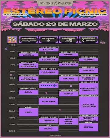 Programación oficial del Festival Estéreo Picnic, sábado 23 de marzo