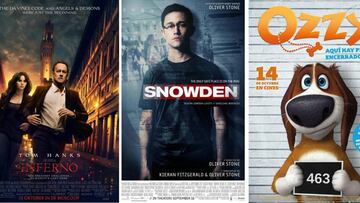 Carteles de películas: Inferno, Snowden y Ozzy.