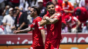 Alexis Vega celebrates his goal 2-0 with Jesus Angulo of Toluca during the 14th round match between Toluca and Atlas and Monterrey part of the Torneo Clausura 2024 Liga BBVA MX at Nemesio Diez Stadium on April 07, 2024 in Toluca, Estado de Mexico, Mexico.