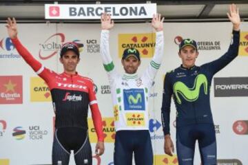 Alejandro Valverde, ganador de la Volta, Alberto Contador segundo y Marc Soler tercero en el podio de Barcelona.