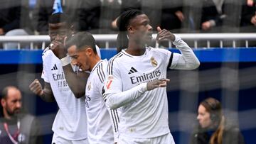 Real Madrid's French midfielder #06 Eduardo Camavinga celebrates scoring their first goal during the Spanish league football match between Deportivo Alaves and Real Madrid CF at the Mendizorroza stadium in Vitoria on April 13, 2025. (Photo by ANDER GILLENEA / AFP)