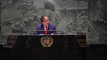 NEW YORK, USA - APRIL 17: (----EDITORIAL USE ONLY â" MANDATORY CREDIT - "COLOMBIAN PRESIDENCY PRESS OFFICE / HANDOUT" - NO MARKETING NO ADVERTISING CAMPAIGNS - DISTRIBUTED AS A SERVICE TO CLIENTS----) The President of Colombia, Gustavo Petro speaks at the 77th General Assembly of the United Nations in New York, USA, on April 17, 2023. (Photo by Colombian Presidency / Handout/Anadolu Agency via Getty Images)