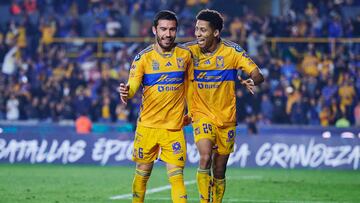 Juan Pablo Vigon celebrate this goal 3-0 with Jonathan Herrera of Pumas during the round one second leg match between Tigres UANL and Vancouver Whitecaps as part of the CONCACAF Champions Cup 2024 at Universitario Stadium on February 14, 2024 in Monterrey, Nuevo Leon, Mexico.