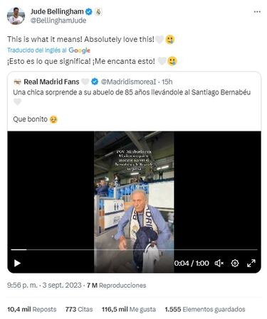 Esto es el Madrid: hasta Bellingham coment este vdeo viral de una nieta y su abuelo en el nuevo Bernabu