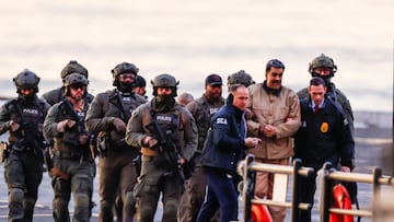 Captured Venezuelan President Nicolas Maduro arrives at the Downtown Manhattan Heliport, as he heads towards the Daniel Patrick Manhattan United States Courthouse for an initial appearance to face U.S. federal charges including narco-terrorism, conspiracy, drug trafficking, money laundering and others in New York City, U.S., January 5, 2026. REUTERS/Eduardo Munoz BEST QUALITY AVAILABLE