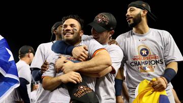 LOS ANGELES, CA - NOVEMBER 01: Jose Altuve #27 of the Houston Astros celebrates with Alex Bregman #2 after defeating the Los Angeles Dodgers 5-1 in game seven to win the 2017 World Series at Dodger Stadium on November 1, 2017 in Los Angeles, California.   Ezra Shaw/Getty Images/AFP
 == FOR NEWSPAPERS, INTERNET, TELCOS &amp; TELEVISION USE ONLY ==