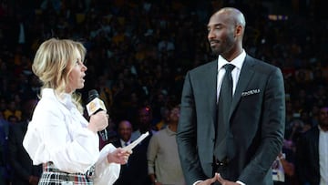 LOS ANGELES, CA - DECEMBER 18: Jeanie Buss addresses the crowd during Kobe Bryant&#039;s jersey retirement ceremony on December 18, 2017 at STAPLES Center in Los Angeles, California. NOTE TO USER: User expressly acknowledges and agrees that, by downloading and/or using this Photograph, user is consenting to the terms and conditions of the Getty Images License Agreement. Mandatory Copyright Notice: Copyright 2017 NBAE (Photo by Andrew D. Bernstein/NBAE via Getty Images)