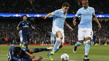 Navas (centre) in action for City in last season's Champions League semi-final against Real Madrid.