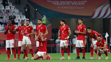 Ahly's players react to a miss in the penalty shootout during the FIFA Club World Cup 3rd place football match between Egypt's Al-Ahly vs Brazil's Palmeiras at the Education City Stadium in the Qatari city of Ar-Rayyan on February 11, 2021.