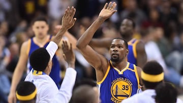 Jun 7, 2017; Cleveland, OH, USA; Golden State Warriors forward Kevin Durant (35) celebrates with teammates during the fourth quarter against the Cleveland Cavaliers in game three of the 2017 NBA Finals at Quicken Loans Arena. Mandatory Credit: Ken Blaze-USA TODAY Sports