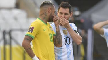 Brazil's Neymar (L) and Argentina's Lionel Messi before the game at Corinthians Arena, in Sao Paulo, Brazil.