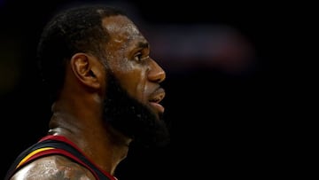 CLEVELAND, OH - JUNE 08: LeBron James #23 of the Cleveland Cavaliers reacts against the Golden State Warriors during Game Four of the 2018 NBA Finals at Quicken Loans Arena on June 8, 2018 in Cleveland, Ohio. NOTE TO USER: User expressly acknowledges and agrees that, by downloading and or using this photograph, User is consenting to the terms and conditions of the Getty Images License Agreement.   Gregory Shamus/Getty Images/AFP
 == FOR NEWSPAPERS, INTERNET, TELCOS &amp; TELEVISION USE ONLY ==