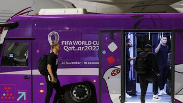 DOHA, QATAR - NOVEMBER 10: The United States national team board a Hyundai shuttle bus as they arrive ahead of FIFA World Cup Qatar 2022 at Hamad International Airport on November 10, 2022 in Doha, Qatar. (Photo by Mohamed Farag - FIFA/FIFA via Getty Images)