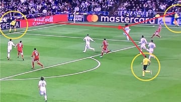 La posición del juez de gol, el juez de línea y el árbitro en la jugada de la mano de Marcelo.