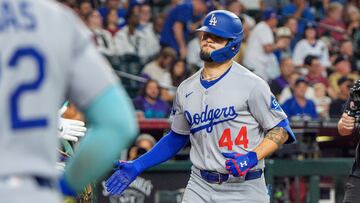 Sep 25, 2025; Phoenix, Arizona, USA; Los Angeles Dodgers outfielder Andy Pages (44) celebrates with his team after hitting a home run in the second inning against the Arizona Diamondbacks at Chase Field. Mandatory Credit: Allan Henry-Imagn Images