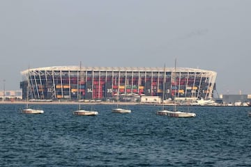 A picture taken on October 20, 2022, shows a view of the 974 Stadium, which will host matches during the FIFA football World Cup 2022, in the Ras Abu Aboud district of the Qatari capital Doha. - Built out of shipping containers on Doha's waterfront, the pop-up stadium will be completely dismantled after the World Cup. 