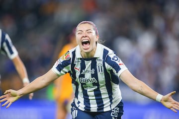 Rayadas Katty Martinez celebrates scoring during the Liga MX Femenil Apertura football tournament final match between Tigres and Rayadas at BBVA Bancomer stadium in Monterrey, Mexico, on November 25, 2024. (Photo by Julio Cesar AGUILAR / AFP)