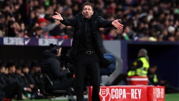 Atletico Madrid's Argentine coach Diego Simeone reacts during the Spanish Copa del Rey (King's Cup) semi final first leg football match between Club Atletico de Madrid and FC Barcelona at Metropolitano Stadium in Madrid on February 12, 2026. (Photo by Pierre-Philippe MARCOU / AFP)