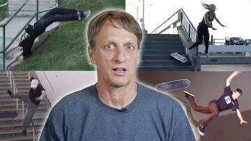 Tony Hawk con cara de espanto mientras por detrás hay caídas de todo tipo de skaters.