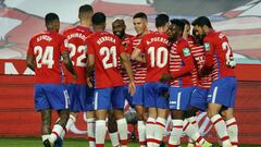 Los jugadores del Granada, celebrando el 1-0, obra de Domingos Quina.