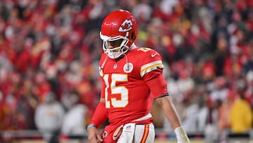 Dec 7, 2025; Kansas City, Missouri, USA; Kansas City Chiefs quarterback Patrick Mahomes (15) is seen during the second quarter against the Houston Texans at GEHA Field at Arrowhead Stadium. Mandatory Credit: Amy Kontras-Imagn Images