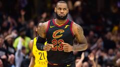 CLEVELAND, OH - APRIL 18: LeBron James runs back on defense after scoring against the Indiana Pacers during the first half of Game 2 of the first round of the Eastern Conference playoffs at Quicken Loans Arena on April 18, 2018 in Cleveland, Ohio. NOTE TO USER: User expressly acknowledges and agrees that, by downloading and or using this photograph, User is consenting to the terms and conditions of the Getty Images License Agreement.   Jason Miller/Getty Images/AFP
 == FOR NEWSPAPERS, INTERNET, TELCOS &amp; TELEVISION USE ONLY ==