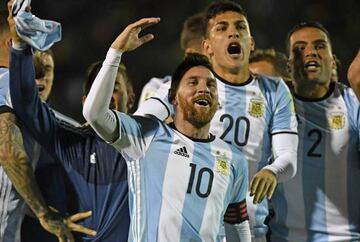 Argentina's Lionel Messi celebrating after defeating Ecuador and qualifying for the 2018 World Cup football tournament,