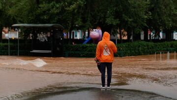 A person stands in a flooded road after the Spanish meteorological agency put the Valencia region in the highest red alert for extreme rainfalls, in Llombai, Valencia, Spain, October 29, 2024. REUTERS/Eva Manez