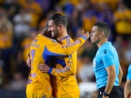 Andre-Pierre Gignac and Rodrigo Aguirre of Tigres during the round one second leg match between Tigres UANL and Forge FC as part of the CONCACAF Champions Cup 2026, at Universitario Stadium on February 10, 2026 in Monterrey, Nuevo Leon, Mexico.
