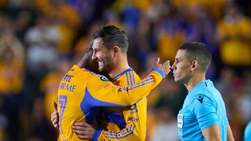 Andre-Pierre Gignac and Rodrigo Aguirre of Tigres during the round one second leg match between Tigres UANL and Forge FC as part of the CONCACAF Champions Cup 2026, at Universitario Stadium on February 10, 2026 in Monterrey, Nuevo Leon, Mexico.