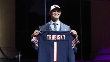 Apr 27, 2017; Philadelphia, PA, USA; Mitchell Trubisky (North Carolina) is selected as the number 2 overall pick to the Chicago Bears in the first round the 2017 NFL Draft at Philadelphia Museum of Art. Mandatory Credit: Bill Streicher-USA TODAY Sports