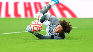 América keeper Guillermo Ochoa dives for the ball during the 2nd round match between Monterrey and America as part of the Torneo Apertura 2022 Liga MX at BBVA Stadium on July 9, 2022 in Monterrey, Mexico.