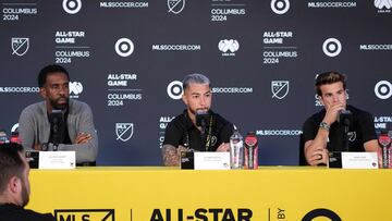 COLUMBUS, OHIO - JULY 22: MLS All-Star head coach Wilfried Nancy, MLS All-Star players Luciano Acosta and Riqui Puig address members of the media during the MLS All-Star Press Conference at Lower.com Field on July 22, 2024 in Columbus, Ohio. Jason Mowry/Getty Images/AFP (Photo by Jason Mowry / GETTY IMAGES NORTH AMERICA / Getty Images via AFP)
