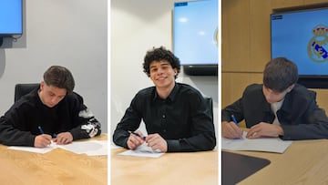 Marco Company, Enzo Alves y Bryan Bugarín firmando sus primeros contratos profesionales con el Real Madrid.