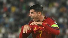 Spain's forward Alvaro Morata celebrates scoring a goal during the UEFA Euro 2024 qualifying first round group A football match between Georgia and Spain in Tbilisi on September 8, 2023. (Photo by Vano SHLAMOV / AFP)