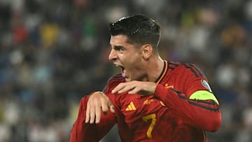 Spain's forward Alvaro Morata celebrates scoring a goal during the UEFA Euro 2024 qualifying first round group A football match between Georgia and Spain in Tbilisi on September 8, 2023. (Photo by Vano SHLAMOV / AFP)