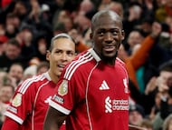 Soccer Football - Premier League - Liverpool v Newcastle United - Anfield, Liverpool, Britain - January 31, 2026 Liverpool's Ibrahima Konate celebrates scoring their fourth goal with Liverpool's Virgil van Dijk REUTERS/Phil Noble EDITORIAL USE ONLY. NO USE WITH UNAUTHORIZED AUDIO, VIDEO, DATA, FIXTURE LISTS, CLUB/LEAGUE LOGOS OR 'LIVE' SERVICES. ONLINE IN-MATCH USE LIMITED TO 120 IMAGES, NO VIDEO EMULATION. NO USE IN BETTING, GAMES OR SINGLE CLUB/LEAGUE/PLAYER PUBLICATIONS. PLEASE CONTACT YOUR ACCOUNT REPRESENTATIVE FOR FURTHER DETAILS..